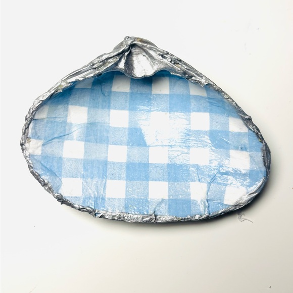 Handcrafted Clam Shell Trinket Dish w/ Blue Gingham Decoupage Design - Picture 3 of 4